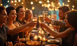 there is a large group of people sitting at the table toasting each other