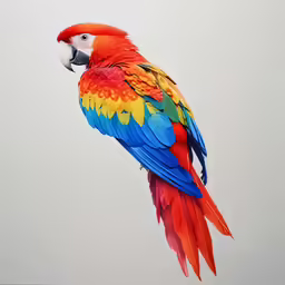 a colorful parrot perches on top of a white pole