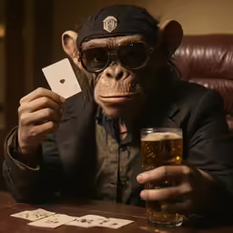 a man is holding a card in his hand and a monkey hat