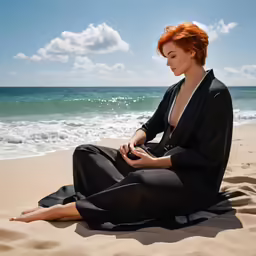 a woman sitting on the sand on the beach