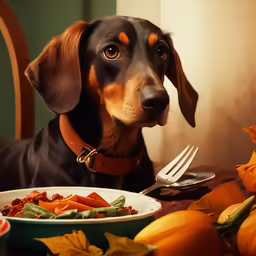 a black and brown dog is looking at a plate with food