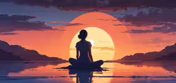a woman is meditating in front of a sunset,a person sitting on a lotus with the sun in the background