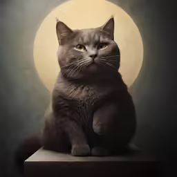 a cat sitting on a ledge in front of a full moon