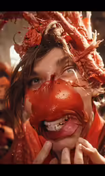woman with face covered with food looks at the camera