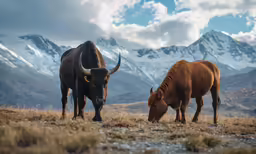 two cows are eating grass in an alpine plain