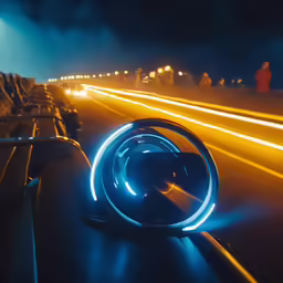 lights shine brightly at night from a vehicle in the highway