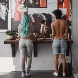 two people are standing in front of a wall