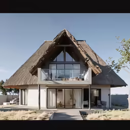 an exterior view of a home with a thatched roof