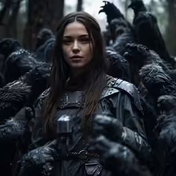 a woman is in the midst of many gorilla statues