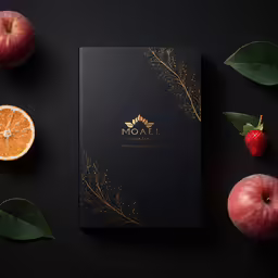 a picture of the cover of a book on dark background with other fruits