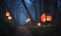 many lamps are lit up on a path through the woods