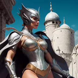 a woman in armor and cape, standing near a castle