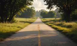 a road that goes through some trees lined by grass