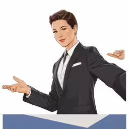 a woman in a suit is standing and doing something