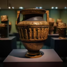 an ancient vase with carved gold details in a museum setting