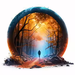 a man is walking through the woods, in the middle of a forest with a tree