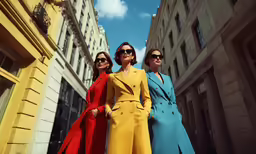 three women wearing bright clothing are posing for the camera