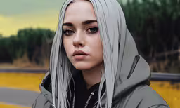 a woman with long hair wearing a grey hoodie,a girl with grey hair standing near the road
