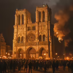 a large crowd is gathered in front of a church at night