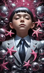 a painting with a young girl in business attire surrounded by balloons