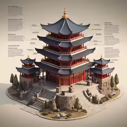 a 3d model of a chinese tower with a tree