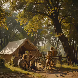 people sitting next to their bikes near a tent