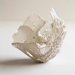 a white sculpture sits on the surface with leaves in it
