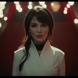 the woman in white is standing up with a long, ponytail