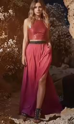 a model in a pink dress posing on a rocky hillside