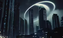 a night scene with a dark - fogy city lights and a double ring of contraption