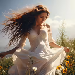a woman walking through a field of flowers with her hair flying