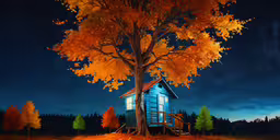 a small house sitting under a large tree,a painting of an illuminated treehouse under a tree