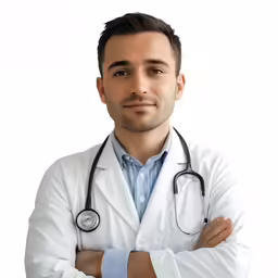 man in a doctors coat with arms folded
