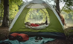 a small child laying in a tent with the door open