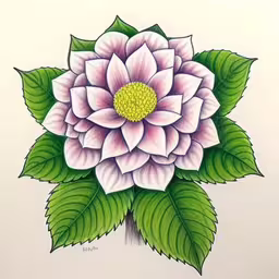 this is a flower drawn with colored pencils,a drawing of a pink flower with green leaves