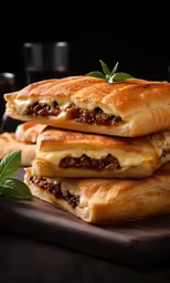 three sandwiches on a brown board topped with cheese