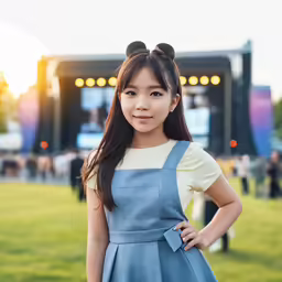 a little girl standing on the grass in front of a stage