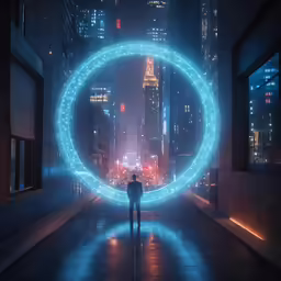 a man stands in front of a circular object in a city
