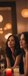 two beautiful women sitting at a table looking back
