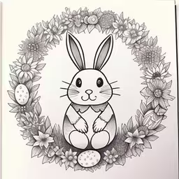 a drawing of a bunny sitting in front of a wreath,a rabbit and some flowers and eggs on the paper,a rabbit sitting in the middle of a wreath with eggs in it,this is an image of a rabbit sitting in the middle of flowers,a coloring book page with an easter bunny