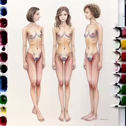 a painting of three female models showing their different sizes,a drawing of a female naked in three different positions