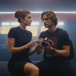 man and woman sitting next to each other looking at a camera