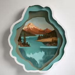 an artistic mountain landscape is shown on this ceramic wall decor