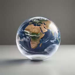 the earth in a glass globe on white surface