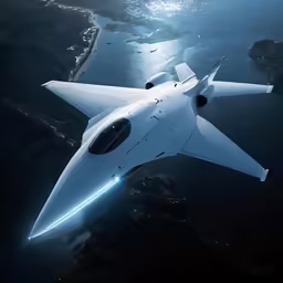a futuristic airplane flying in the sky over water