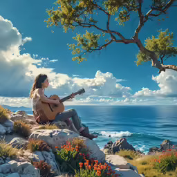 a woman is sitting on rocks playing the guitar