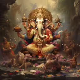 a painting of an indian god surrounded by other people,a large statue of an indian elephant with the heads of elephants