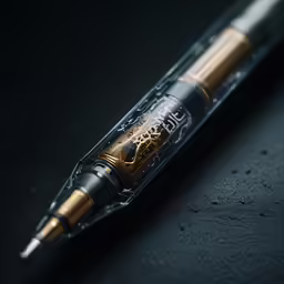 a gold fountain pen with the tip pointed upward