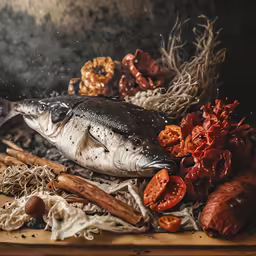 the dead fish is lying on a wooden surface