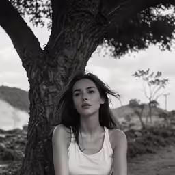 a black and white photo of a woman sitting under a tree